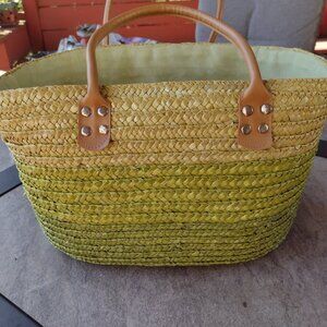 Green with Beige Handles Crafted Woven Tote Bag